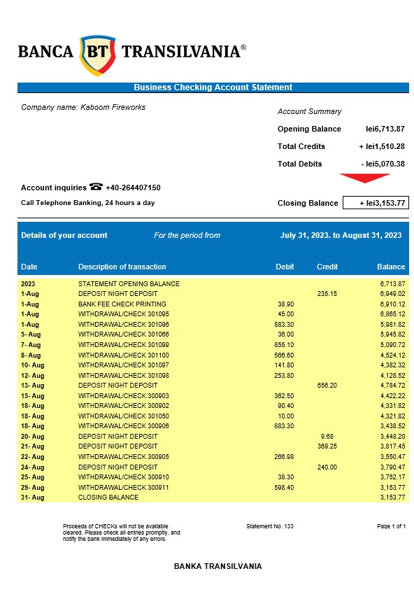 Modèle Word et PDF de relevé de compte d'entreprise Banca Transilvania